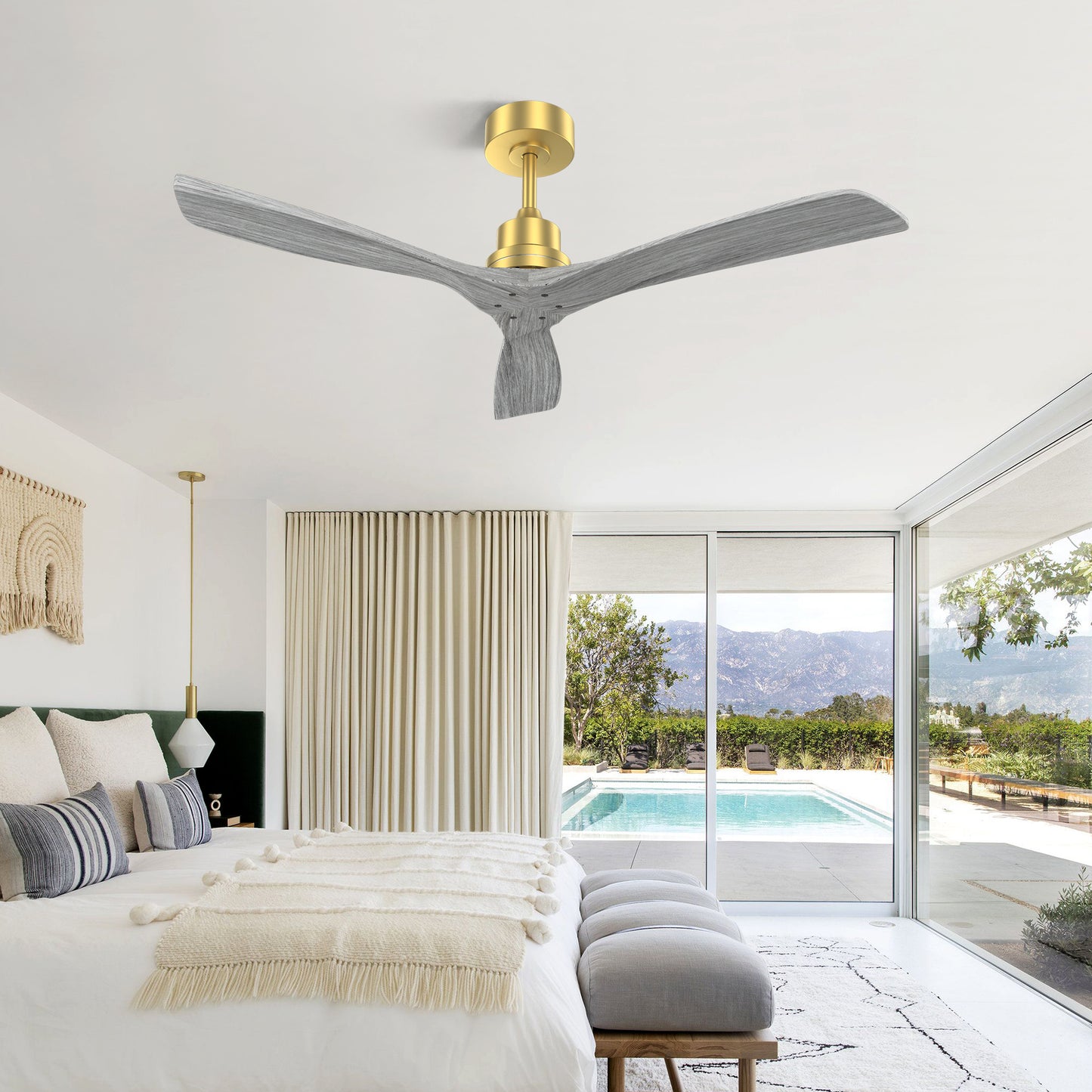 52 Inch Indoor Ceiling Fan Without Light 3 Solid Wood Blades Remote Control Reversible DC Motor