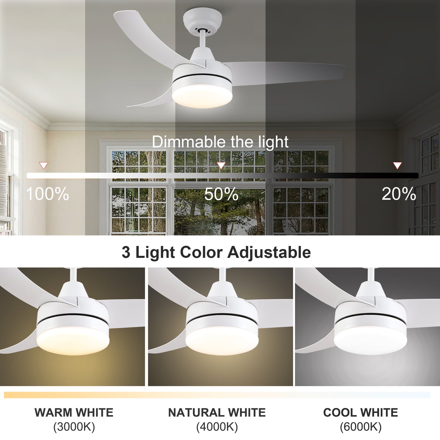 42 inch indoor white ceiling fan with LED light