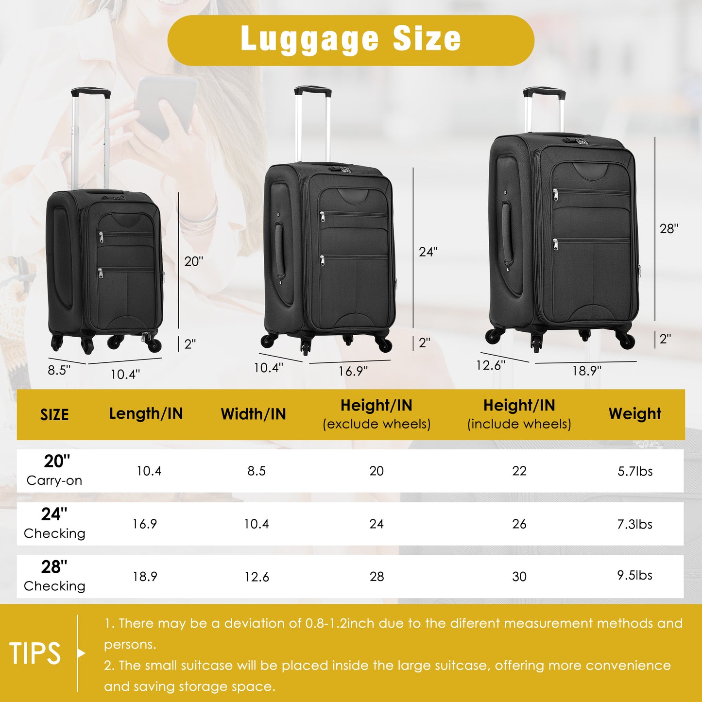 Softside Luggage Expandable 3 Piece Set Suitcase with Duffel Bag Upright Spinner Softshell Lightweight Luggage Travel Set