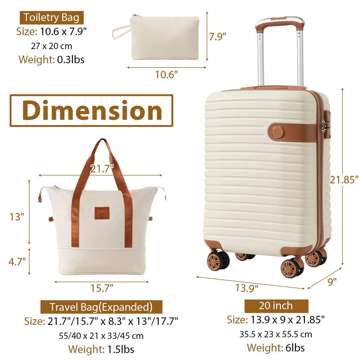 Luggage Sets 3 Piece Carry on Luggage 22x14x9 Airline Approved, Lightweight Hardshell ABS Suitcases with Wheels, 20 inch, Cream