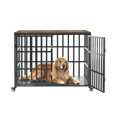 42" Heavy Duty Dog Crate for Large Medium Dogs, Furniture Style cage with 4 Lockable Wheels and 2 Locks, Decorative Pet House Wooden Cage Kennel Furniture Indoor