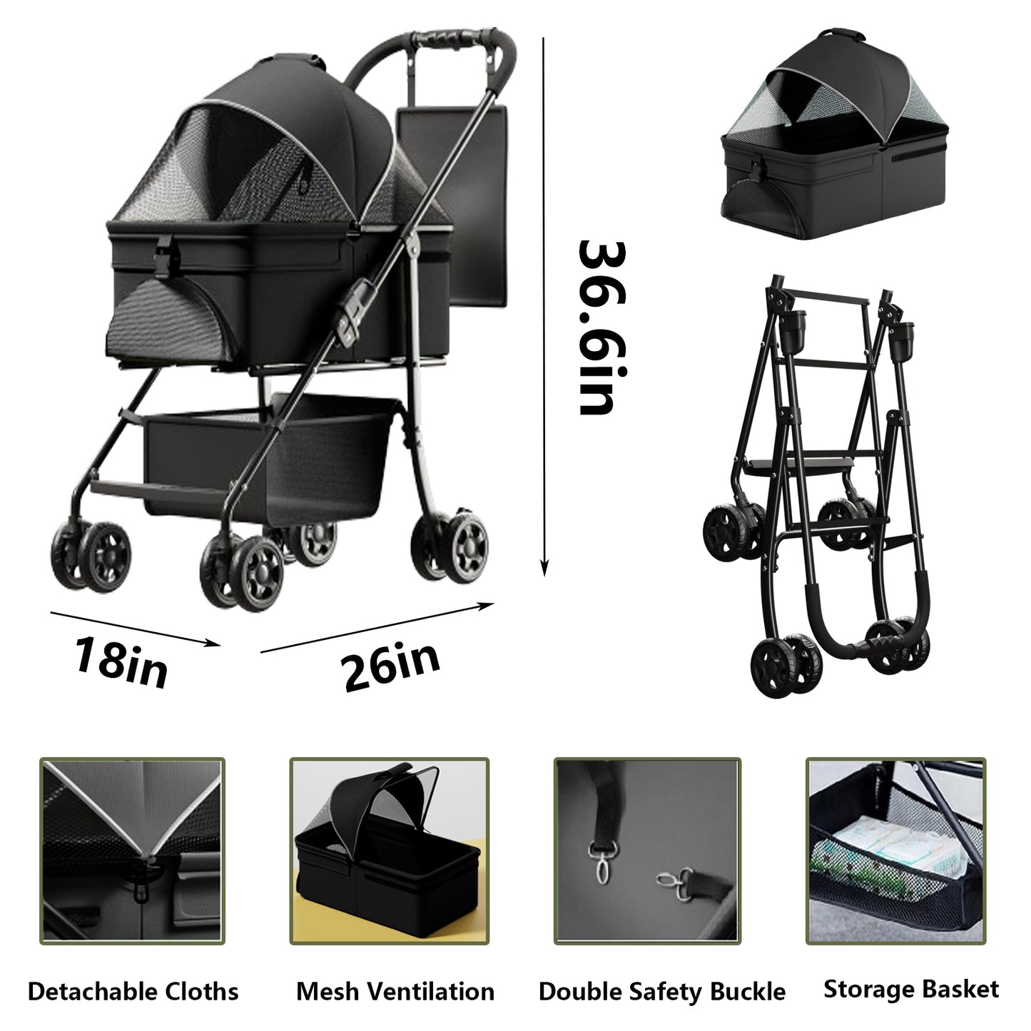 2 in 1 Folding Dog Stroller, Pet Folding Stroller, 4 Wheels Dog/Cat Puppy Stroller w/Removable Travel Carrier for Small/Medium Pet, Waterproof Pad, Car Seat, Sun Shade,Thanksgiving,Black Friday