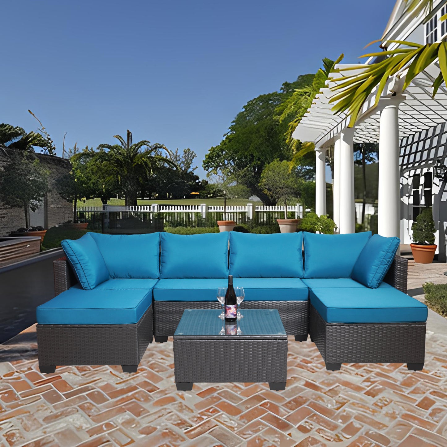 Outdoor Garden Patio Furniture 7-Piece PE Rattan Wicker Cushioned Sofa Sets  and Coffee Table, patio furniture set;outdoor couch;outdoor couch patio furniture;outdoor sofa;patio couch