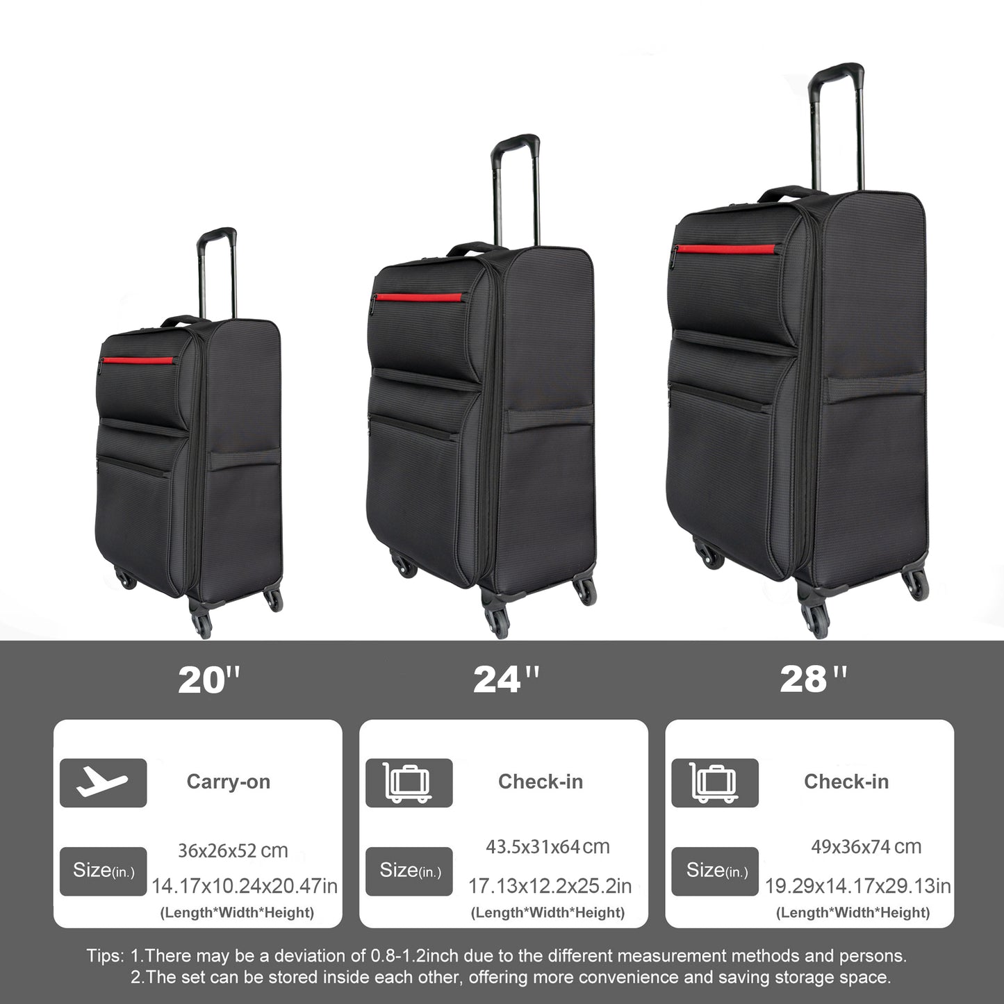 Softside Luggage Expandable 3 Piece Set Suitcase Upright Spinner Softshell Lightweight Luggage Travel Set  20inch 24inch 28inch