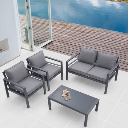 4-piece Aluminum Outdoor Patio Conversation Set,All-Weather Sectional Sofa Outside Furniture with  Removable Cushions and Tempered Glass Coffee Table for Courtyard,Poolside,Deck,Balcony(Grey)