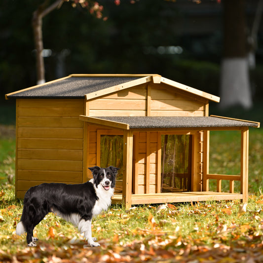 GO 47.2" Large Wooden Dog House Outdoor,  Outdoor & Indoor Dog Crate, Cabin Style, With Porch, 2 Doors