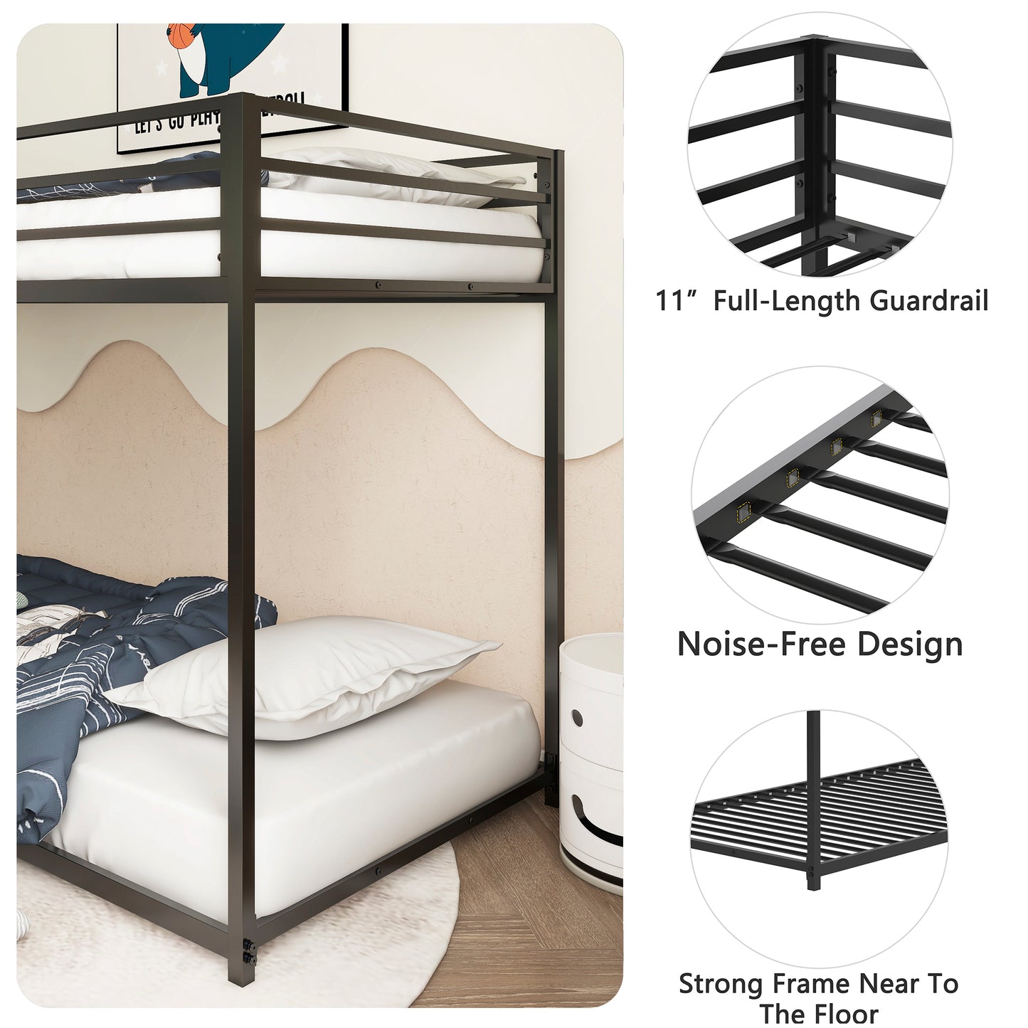 Adam Sturdy Twin over Twin Bunk Bed Metal Black for Kids and Adult, Low Profile Twin over twin bunk bed with Ladder and Guardrails, Easy Climbing, Beds for Bedroom, Same as original B083124170