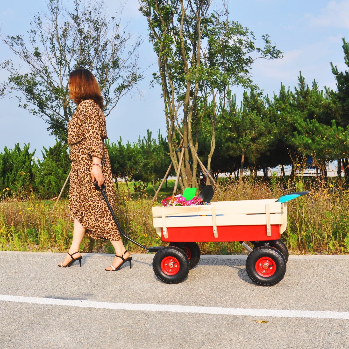 outdoor sport wagon tools cart wooden side panels air tires Wagon (red)