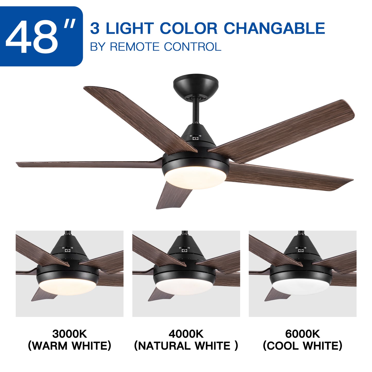 48 In Intergrated LED Ceiling Fan Lighting with Brown Wood Grain ABS Blade