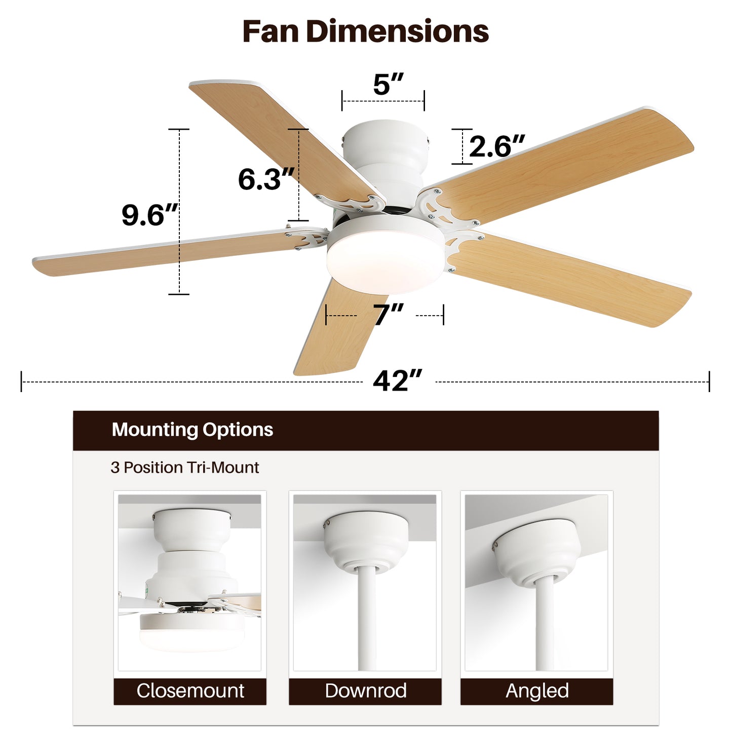 42 Inch Modern Ceiling Fan With 3 Color Dimmable Light 5 Blades Remote Control Reversible DC Motor White