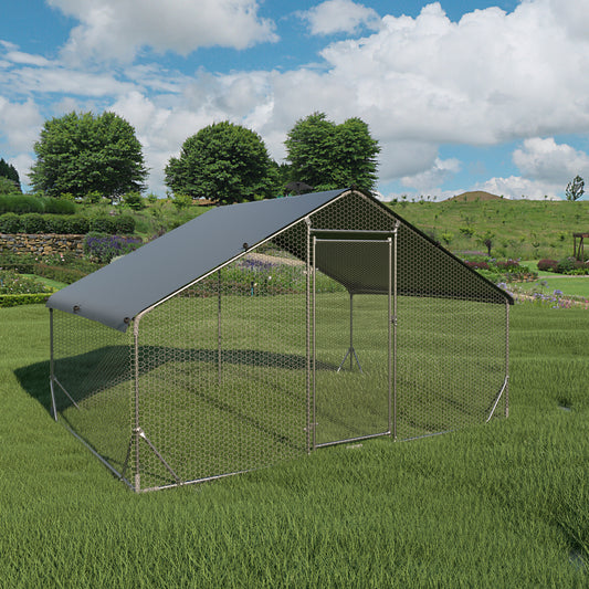 Large metal chicken coop upgrade three support steel wire impregnated plastic net cage, Oxford cloth silver plated waterproof UV protection, duck rabbit sheep bird outdoor house 9.8'W x 6.6'L x 6.5'H