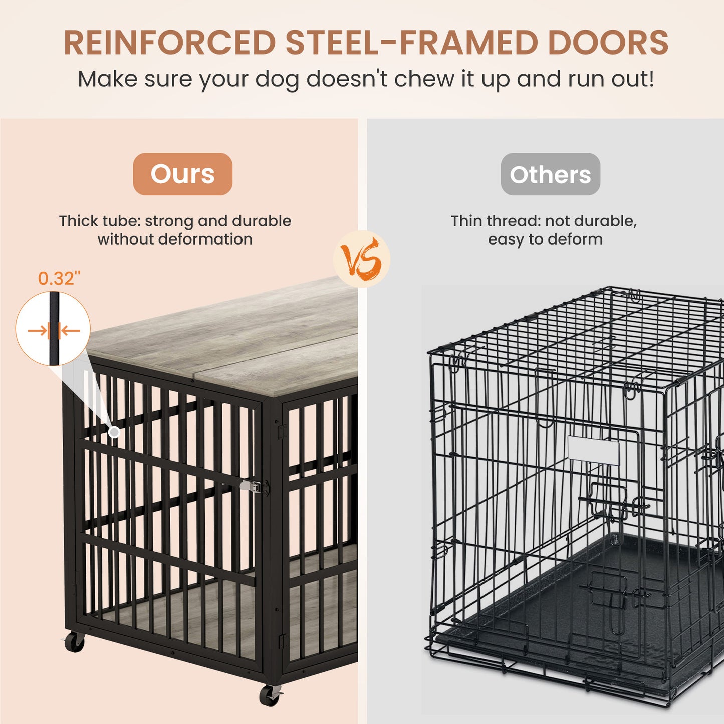 Furniture style dog crate wrought iron frame door with side openings, Grey, 43.3''W x 29.9''D x 33.5''H.