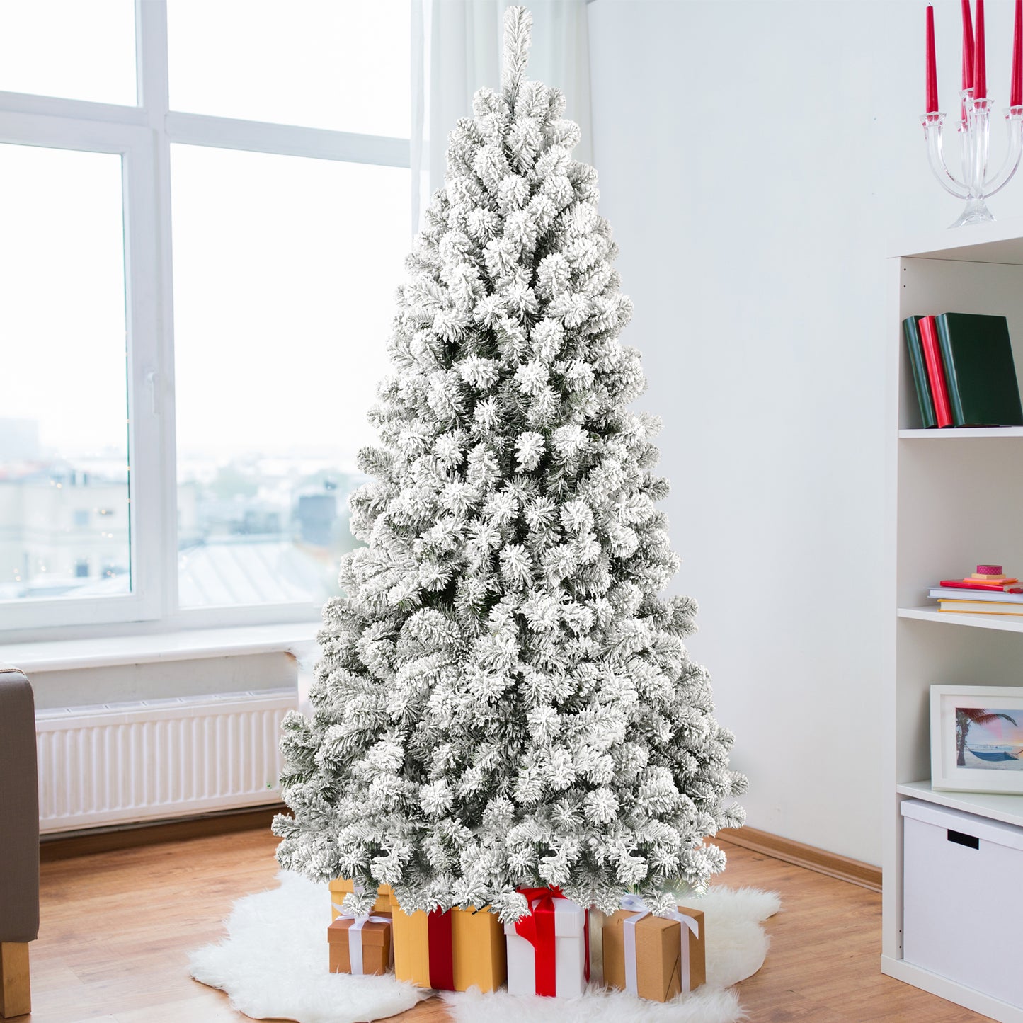 7FT Pre-lit Flocked Christmas Tree with 1,064 Memory Wire Tips – Effortlessly Fluffed, Perfectly Shaped, and Lit with 400 Warm  Incandescent Lights Bringing Lasting Elegance and Wase to Your Holiday