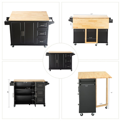 Kitchen Island & Kitchen Cart, Mobile Kitehcn Island with Extensible Rubber Wood Table Top,adjustable Shelf Inside Cabinet for Different Utensils, 3 Big Drawers, with Spice Rack, Towel Rack, Black-Bee