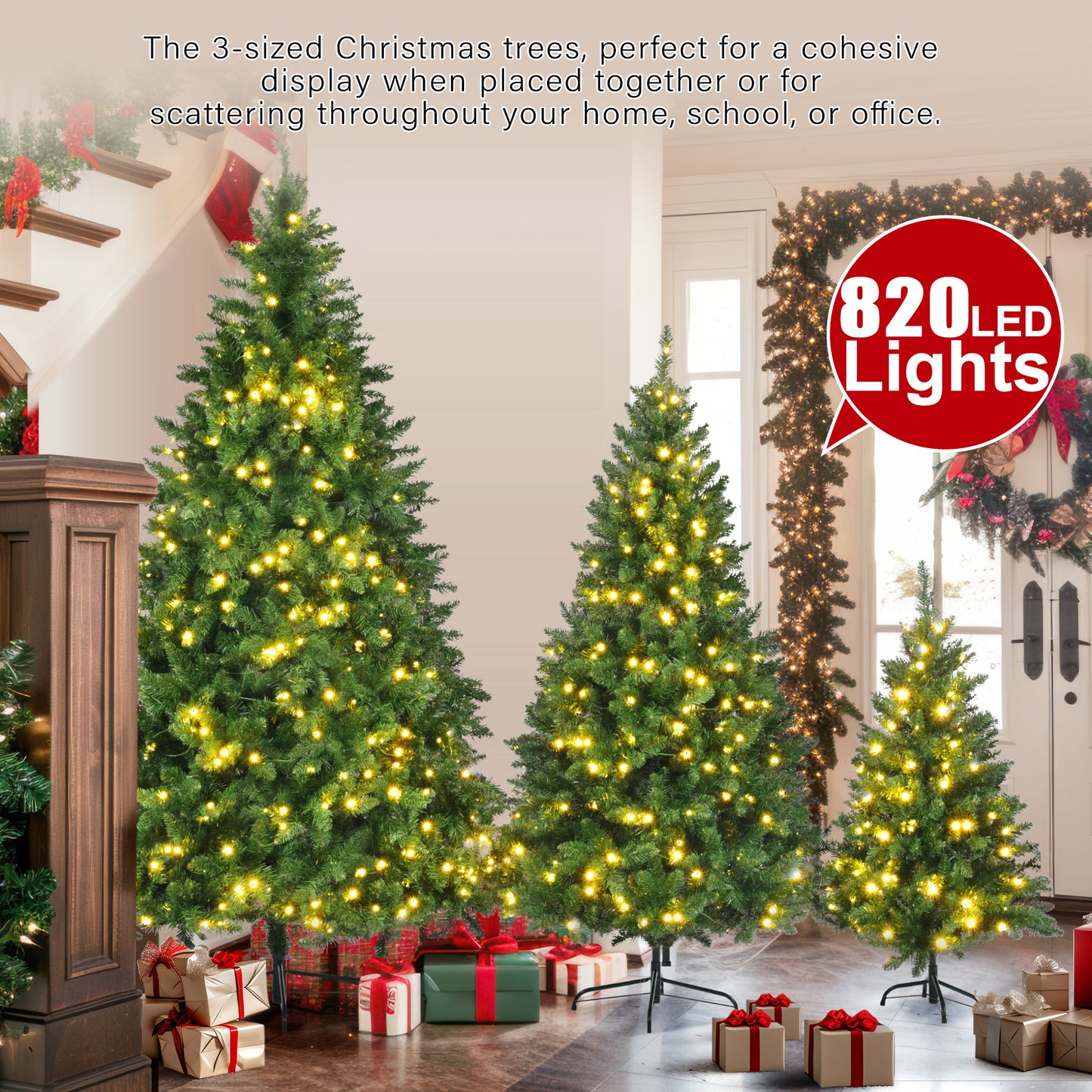 8FT, 6FT, 4FT Pre-Lit Green Pine Artificial Christmas Tree, Set of 3 Hinged Xmas Trees with 820 Warm-Yellow LED Lights and 2539 Branch Tips, Holiday Decoration for Home,Office and Party