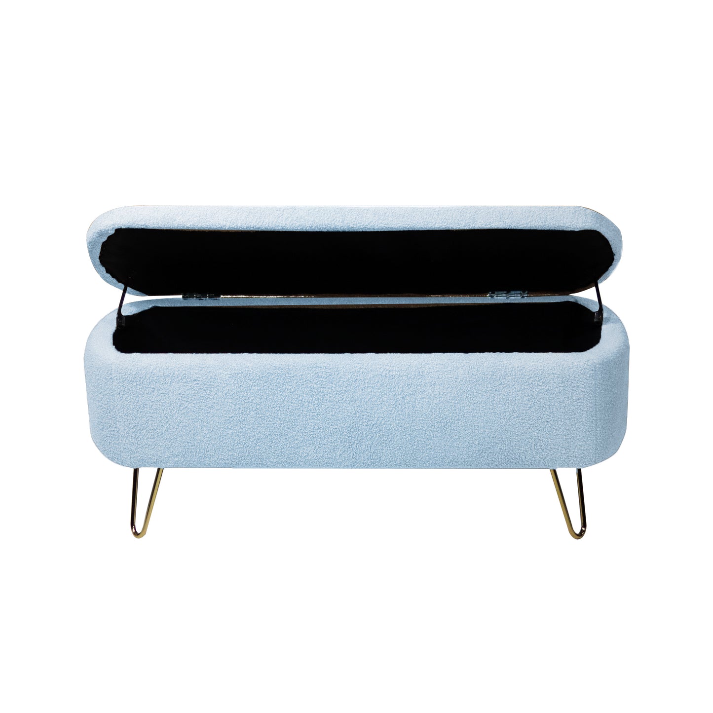 Blue Storage Ottoman Bench for End of Bed Gold Legs, Modern Grey Faux Fur Entryway Bench Upholstered Padded with Storage for Living Room Bedroom