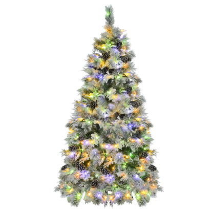 6FT Pre-Lit Spruce Snow Flocked Christmas Tree with Pine Cones, Artificial Xmas Tree with 403 Branch Tips,Mixed PE & PVC Branches, 250 Multi-Color LED Lights, 11 Flashing Modes, Holiday Décor