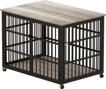 Furniture style dog crate wrought iron frame door with side openings, Grey, 43.3''W x 29.9''D x 33.5''H.