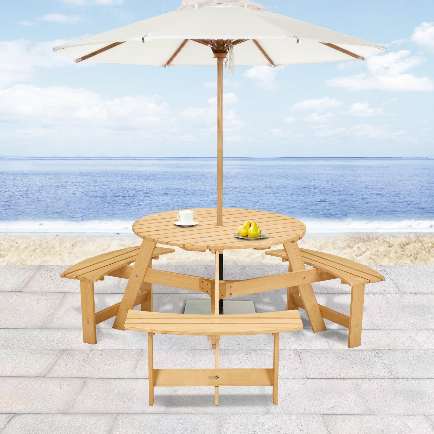 Outdoor 6 Person Picnic Table, 6 person Round Picnic Table with 3 Built-in Benches, Umbrella Hole, Outside Table and Bench Set for Garden, Backyard, Porch, Patio,  Natural