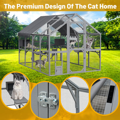 Outdoor Cat House Cat Enclosures 110" Large Kitten Playpen with Platforms,Upgrade Waterproof Cover-grey