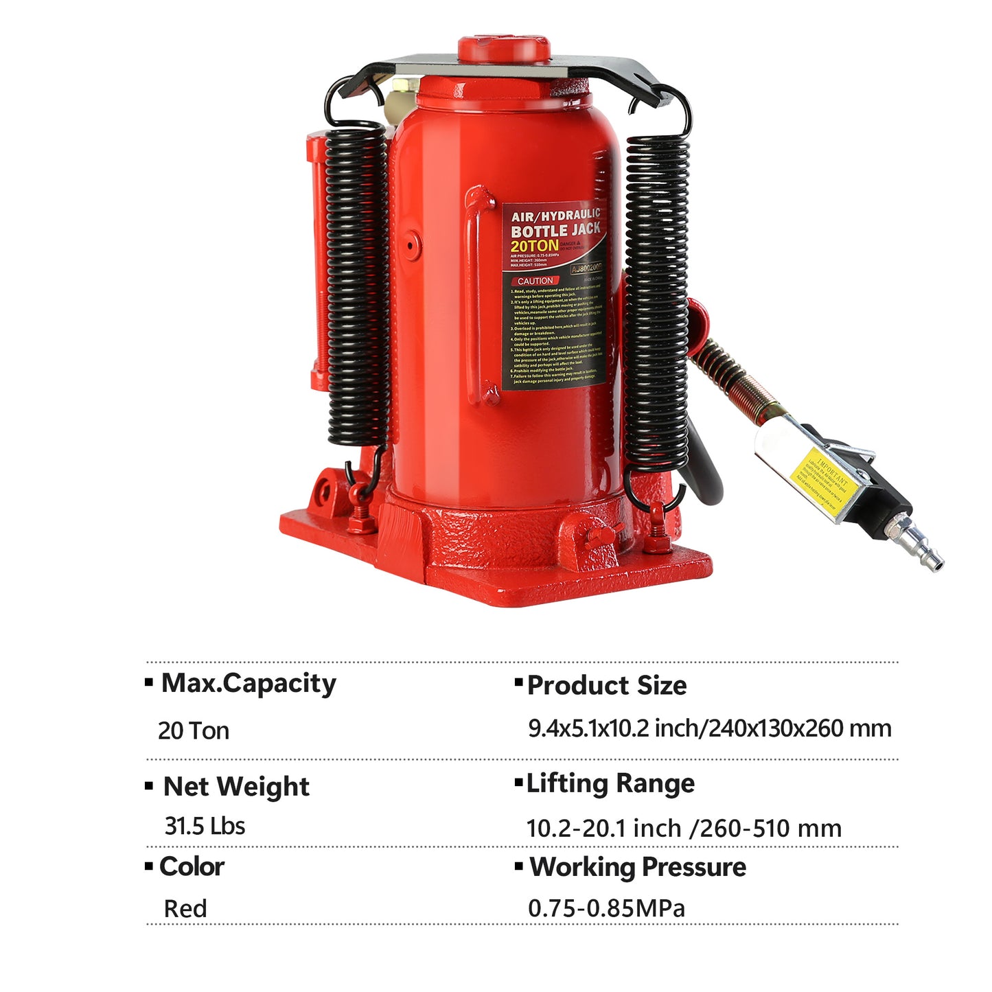 20 Ton Air Hydraulic Bottle Jack, with Manual Hand Pump Used for The Maintenance of Automobiles, Agricultural Vehicles, Heavy Trucks, Mobile Machinery, and Heavy Equipment