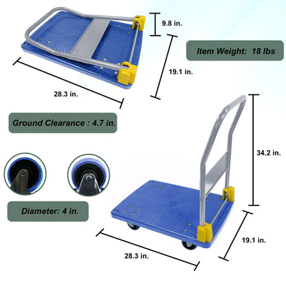 Foldable Platform Push Hand Truck Cart, 440 lbs. Weight Capacity, 2 Swivel Brake Wheels