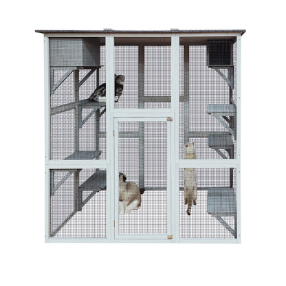 Wooden Catio Outdoor Cat Enclosure, 71" Outdoor Cat House Weatherproof Asphalt Roof, Large Solid Wood Cat Cage Playpen with 8 Jumping Platforms & 2 Napping Houses, Walk-in Cat Kennel Condo Shelter