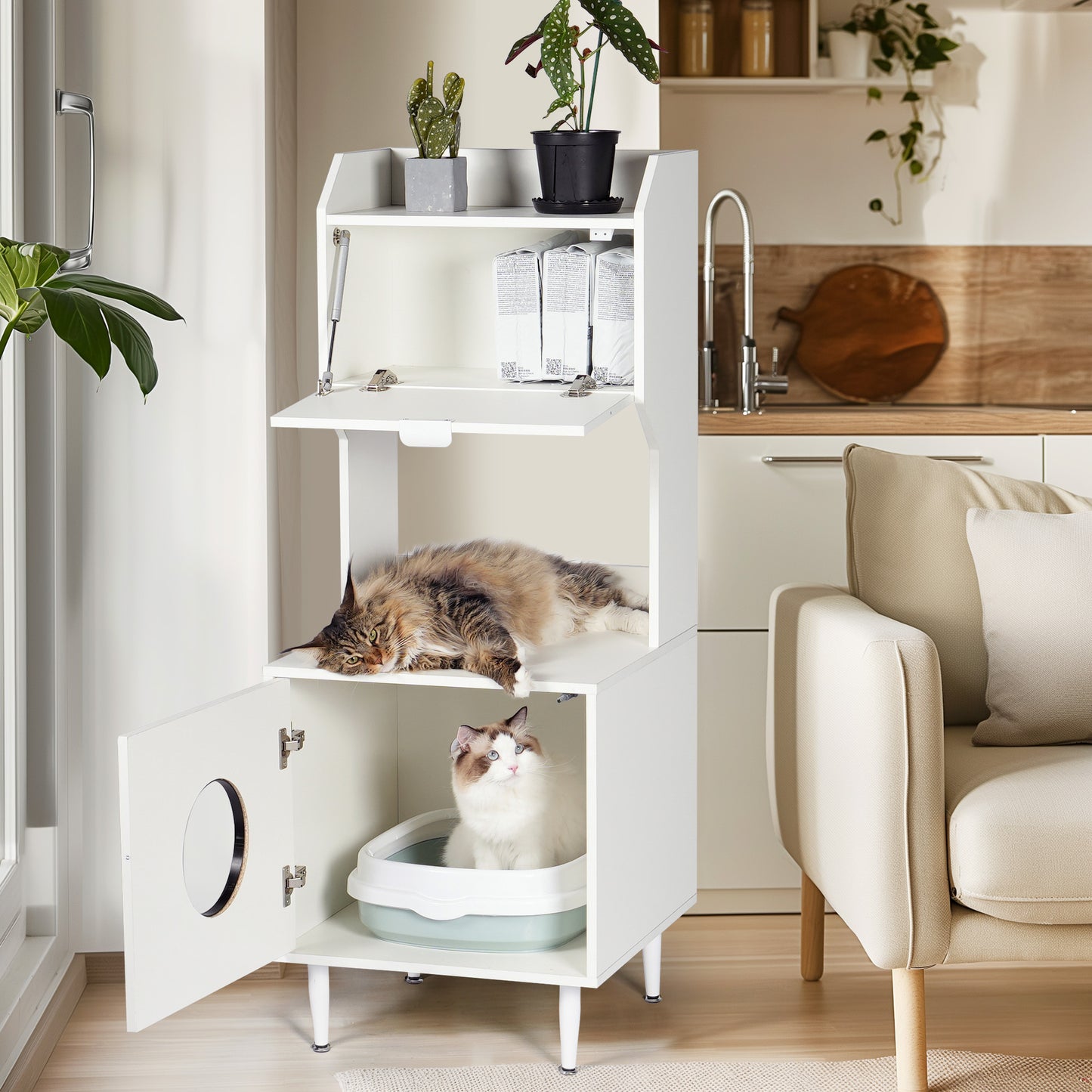 Litter Box Enclosure with Shelves and Doors White Wooden Hidden Cat Litter Box Furniture Industrial Indoor Cat House Washroom Pet Crate Storage Cabinet