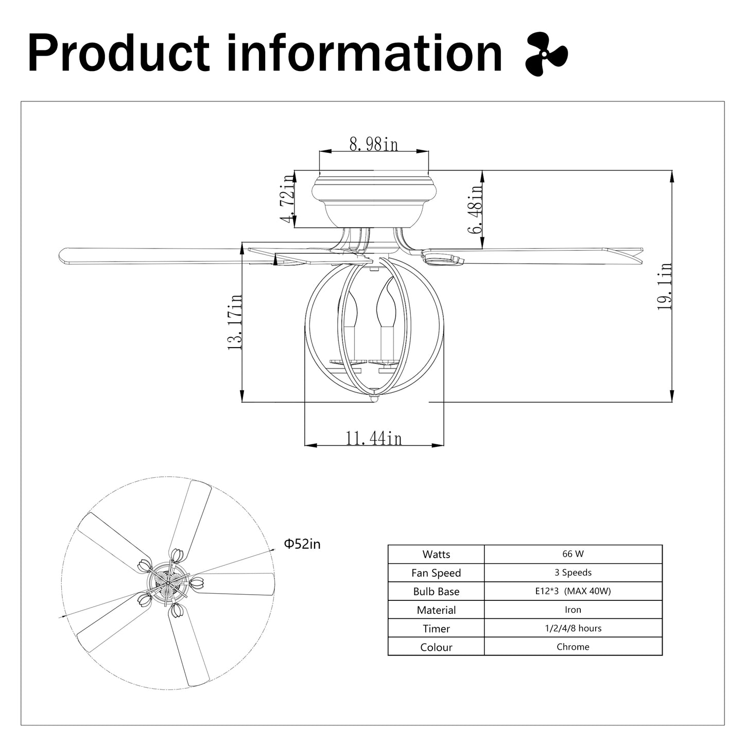 5-blade 52-inch Chrome Ceiling Fan with 3-Light  (NO INCLUDE BULB) Chandelier (Remote Controlled)