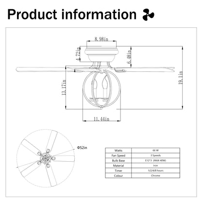 5-blade 52-inch Chrome Ceiling Fan with 3-Light  (NO INCLUDE BULB) Chandelier (Remote Controlled)