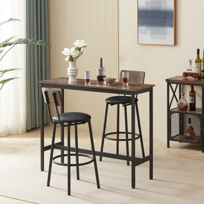 Bar Table Set with 2 Bar stools PU Soft seat with backrest, Rustic Brown, 43.31'' L x 15.75'' W x 35.43'' H.