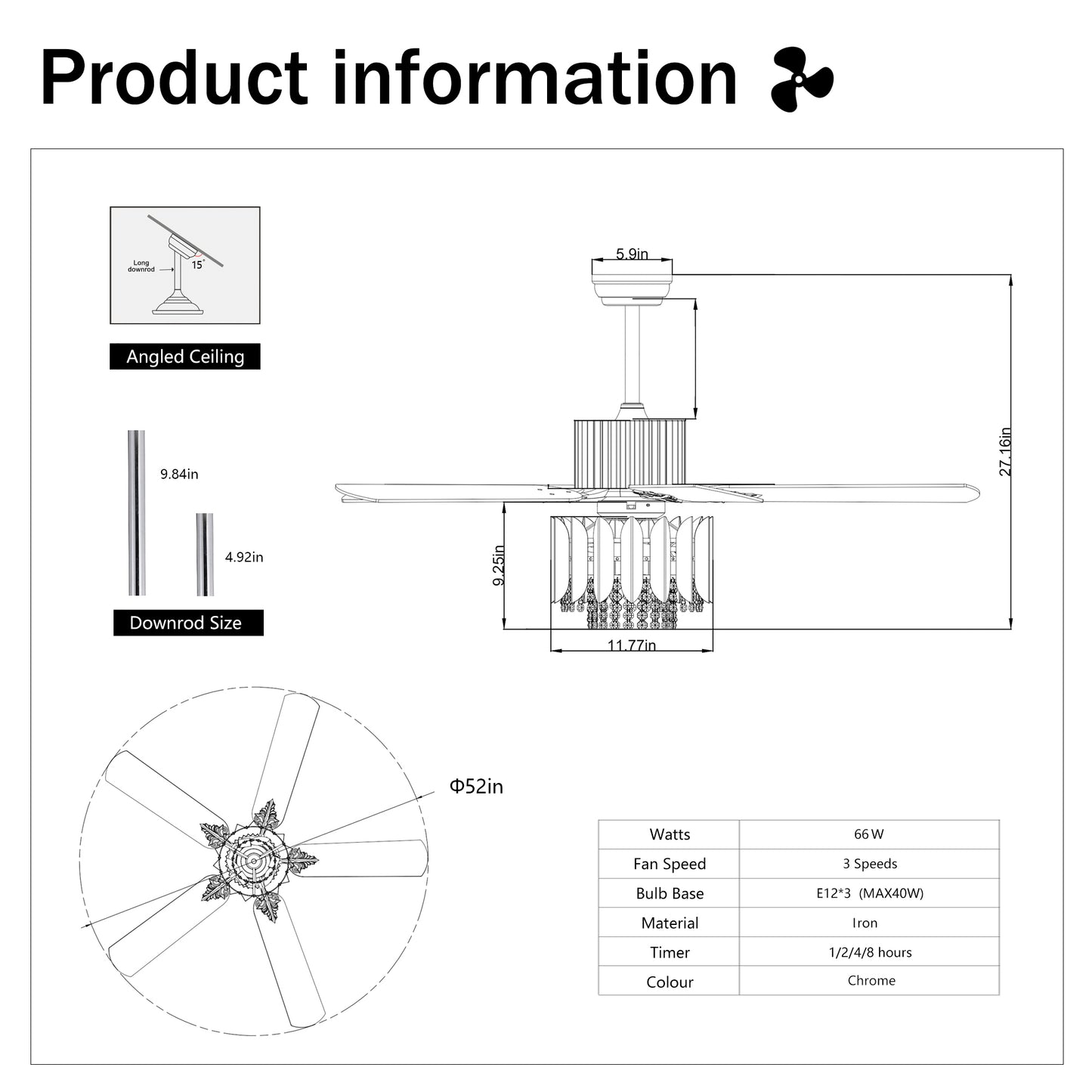 Crystal Ceiling Fan Reversible Blades 3 Wind Speeds Remote Control for Bedroom Living Dining Room --Chrome