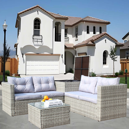 4 Piece Patio Sectional Wicker Rattan Outdoor Furniture Sofa Set with Storage Box Grey