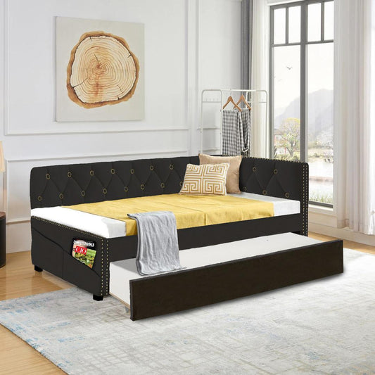 BLACK UPHOLSTERED TWIN SIZE DAYBED BED FRAME (CORNER BED) WITH TRUNDLE, VELVET FABRIC, STUDDING DESIGN, NO BOX SPRING REQUIRED, FITS ANY STYLE!