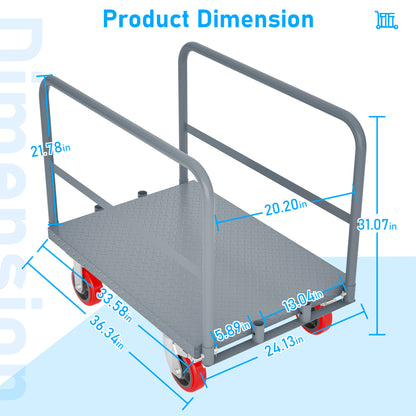 Steel Panel Truck, Heavy Duty Drywall Cart Lumber Cart Platform Truck Flat Cart, 2000lbs, 6" Swivel Brake Casters, with 1Front and 2 Side Handrails (36''x24'')