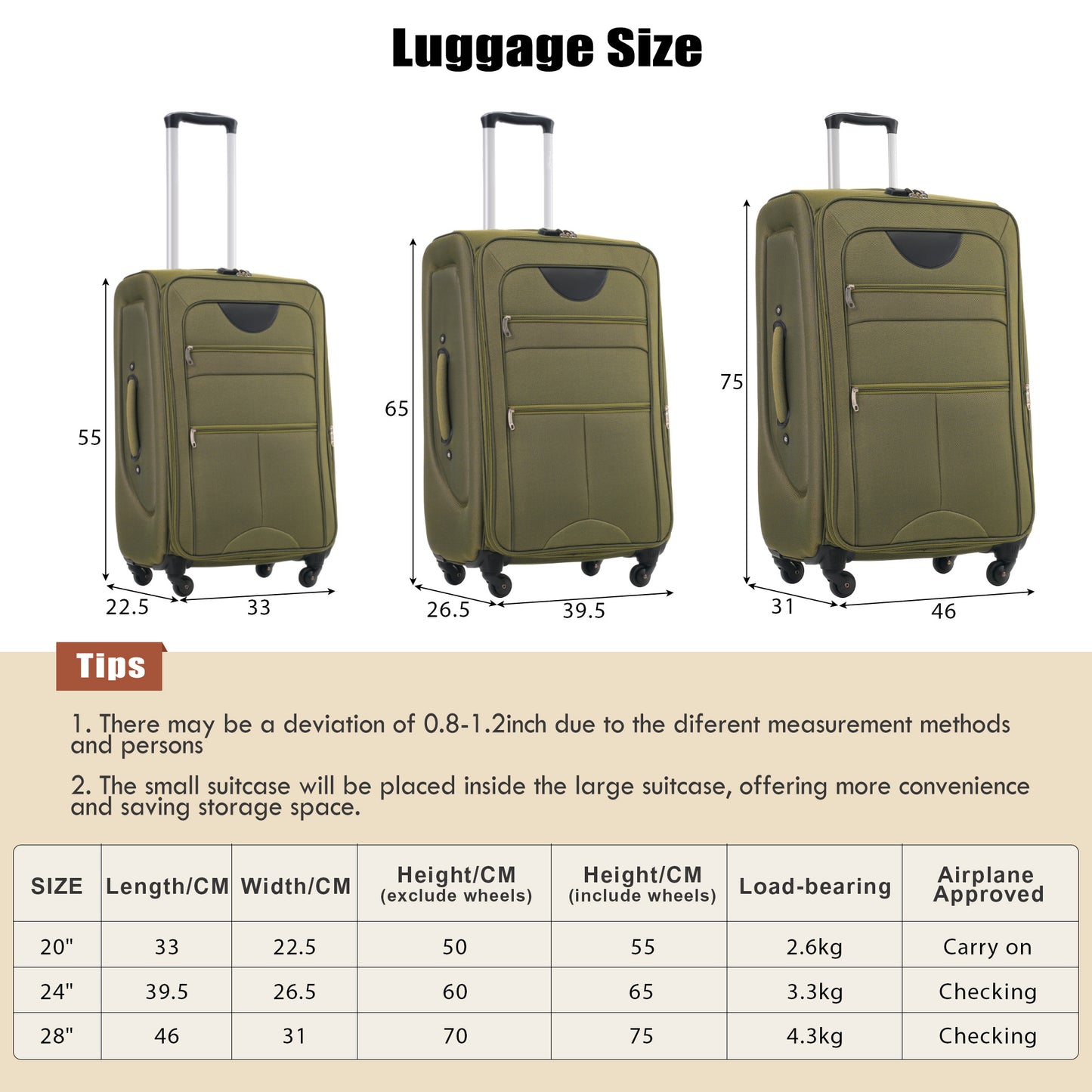 Softside Luggage Expandable 3 Piece Set Suitcase with Duffel Bag Upright Spinner Softshell Lightweight Luggage Travel Set