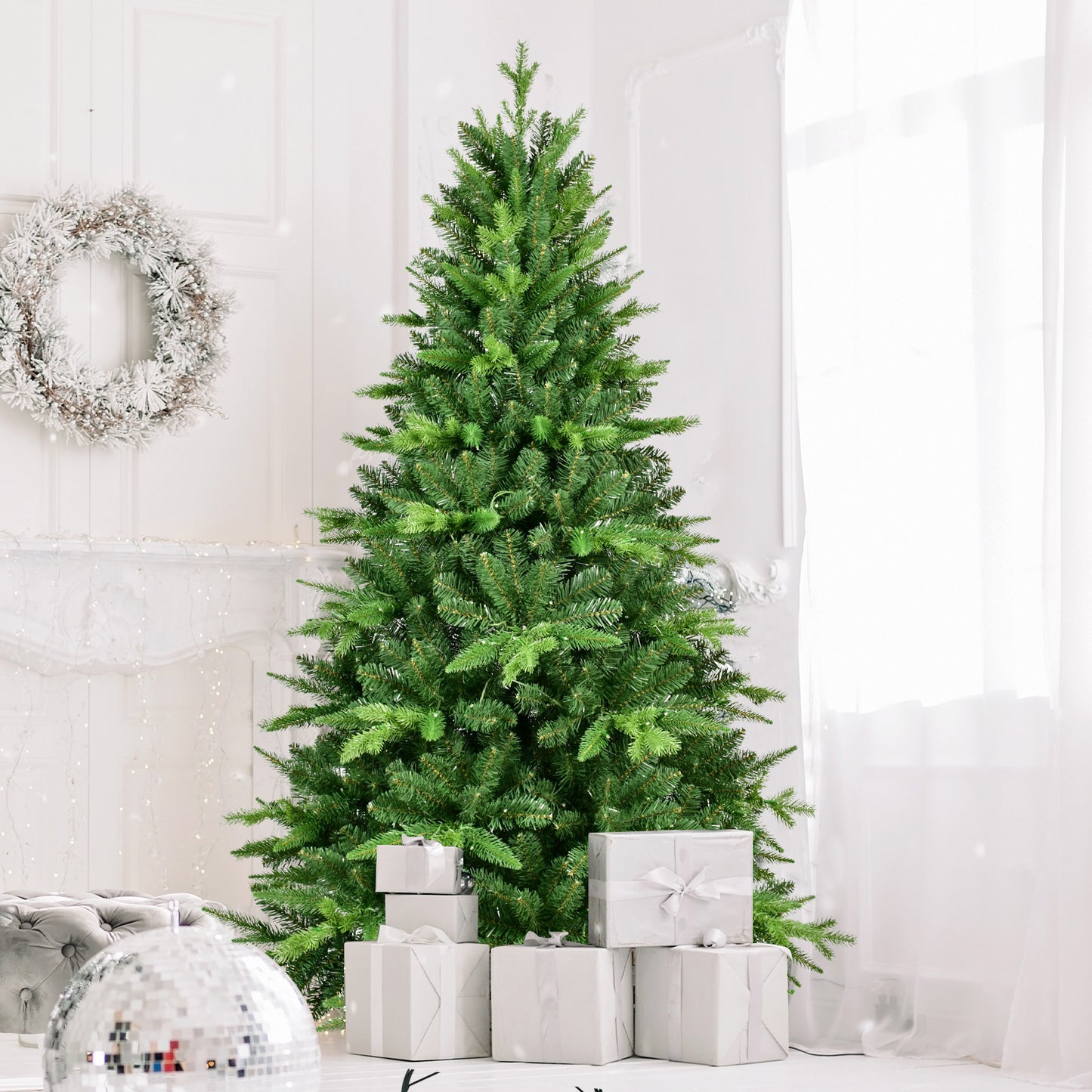 5FT PE And PVC Christmas Tree with Lights, Unique Christmas Tree Prelit with 850 Branch Tips, 250 Warm White LEDs and Metal Stand, Aritificial Christmas Tree