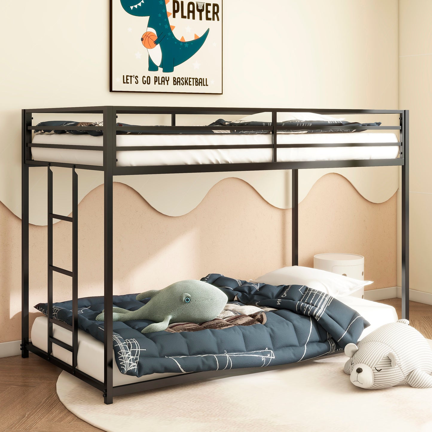 Adam Sturdy Twin over Twin Bunk Bed Metal Black for Kids and Adult, Low Profile Twin over twin bunk bed with Ladder and Guardrails, Easy Climbing, Beds for Bedroom, Same as original B083124170