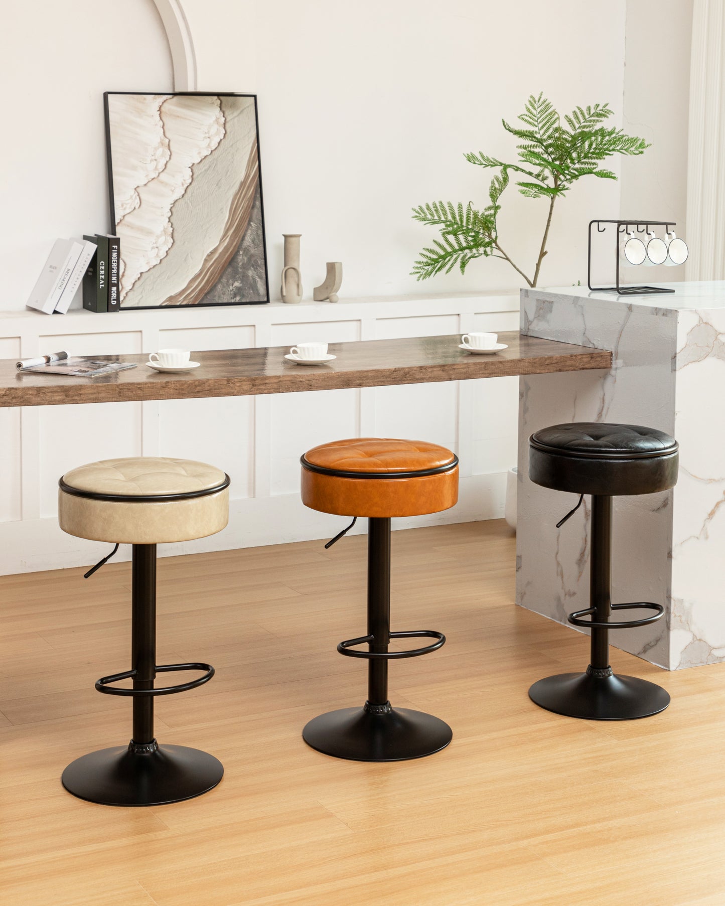 Round Storage Bar Stool Set of 2, Brown Faux Leather Height Adjustable Barstool, 360°Counter Height Swivel Stool, Armless Bar Chair with Metal Frame for Kitchen Counter Dining Living Room