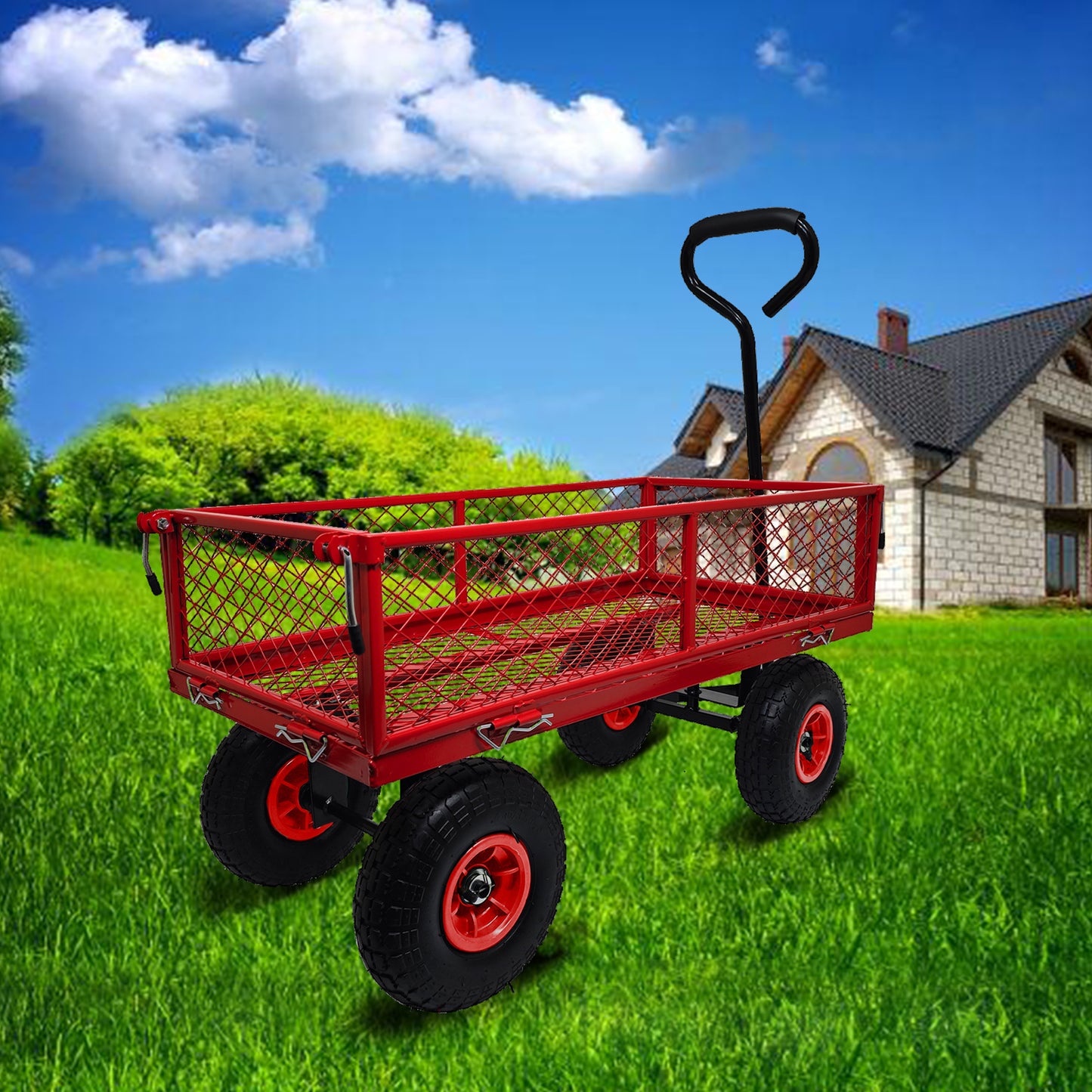 3 cu. ft. 300 lbs. Capacity Removable Sides Metal Steel Mesh Heavy Duty Utility Wagon Outdoor Garden Cart in Red