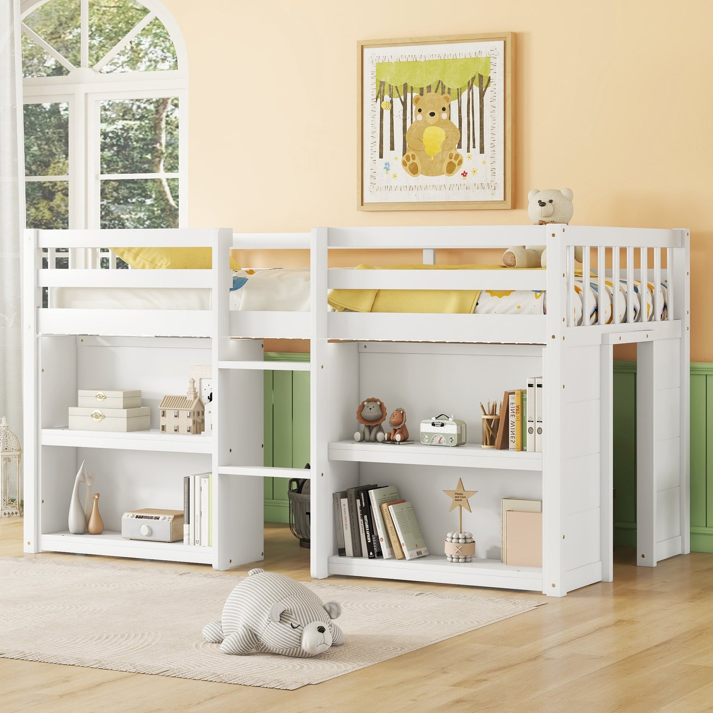 Twin Size Kid Low Loft Bed With Two-Tier Shelves And LED Light For White Color