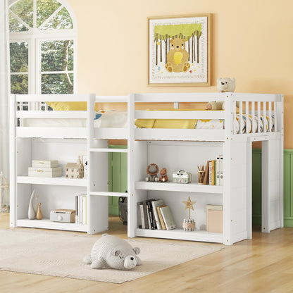 Twin Size Kid Low Loft Bed With Two-Tier Shelves And LED Light For White Color