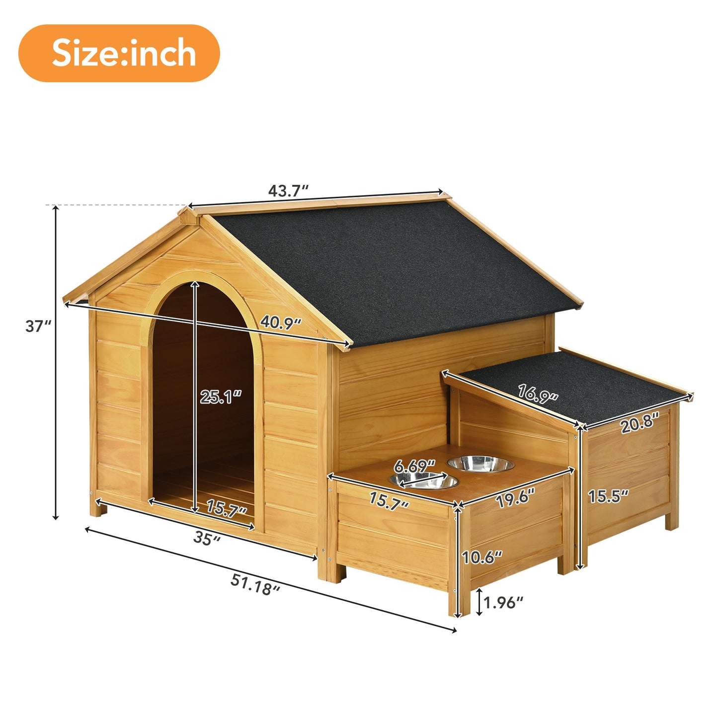 GO 51.18" L x 43.7" W x 37" H Large Size Wooden Dog House, Dog Crate For large dog breeds, Cabin Style Raised Dog Shelter with Asphalt Roof, Solid Wood, Weatherproof, Nature