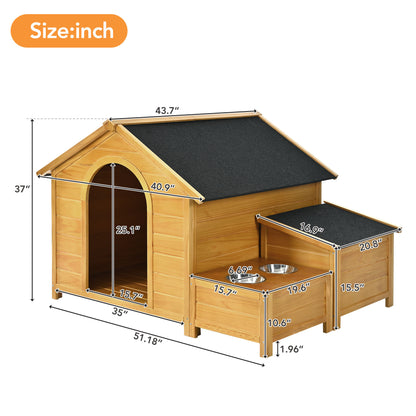 GO 51.18" L x 43.7" W x 37" H Large Size Wooden Dog House, Dog Crate For large dog breeds, Cabin Style Raised Dog Shelter with Asphalt Roof, Solid Wood, Weatherproof, Nature