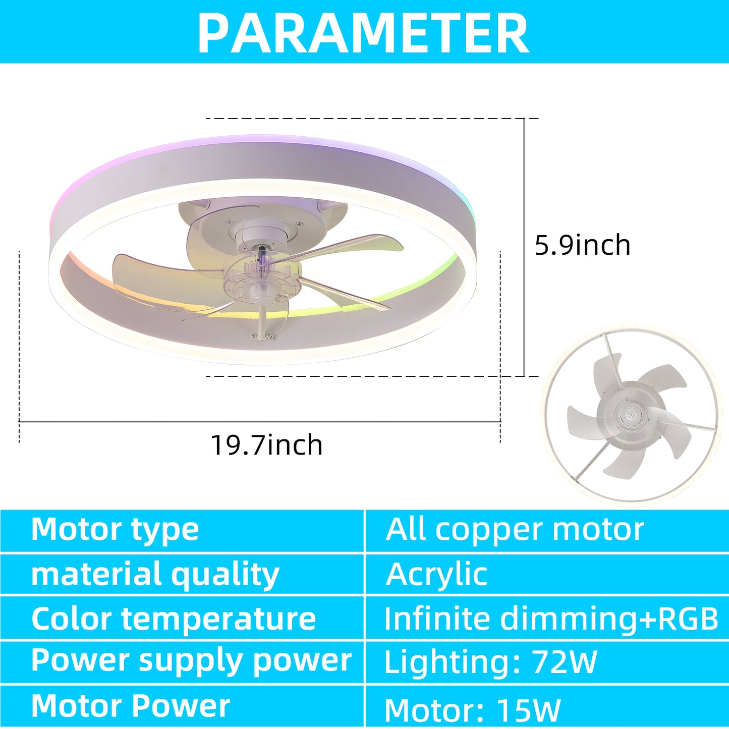 19.7 inches fan light RGB color lights three color temperature 6-speed adjustable wind power positive and negative rotation