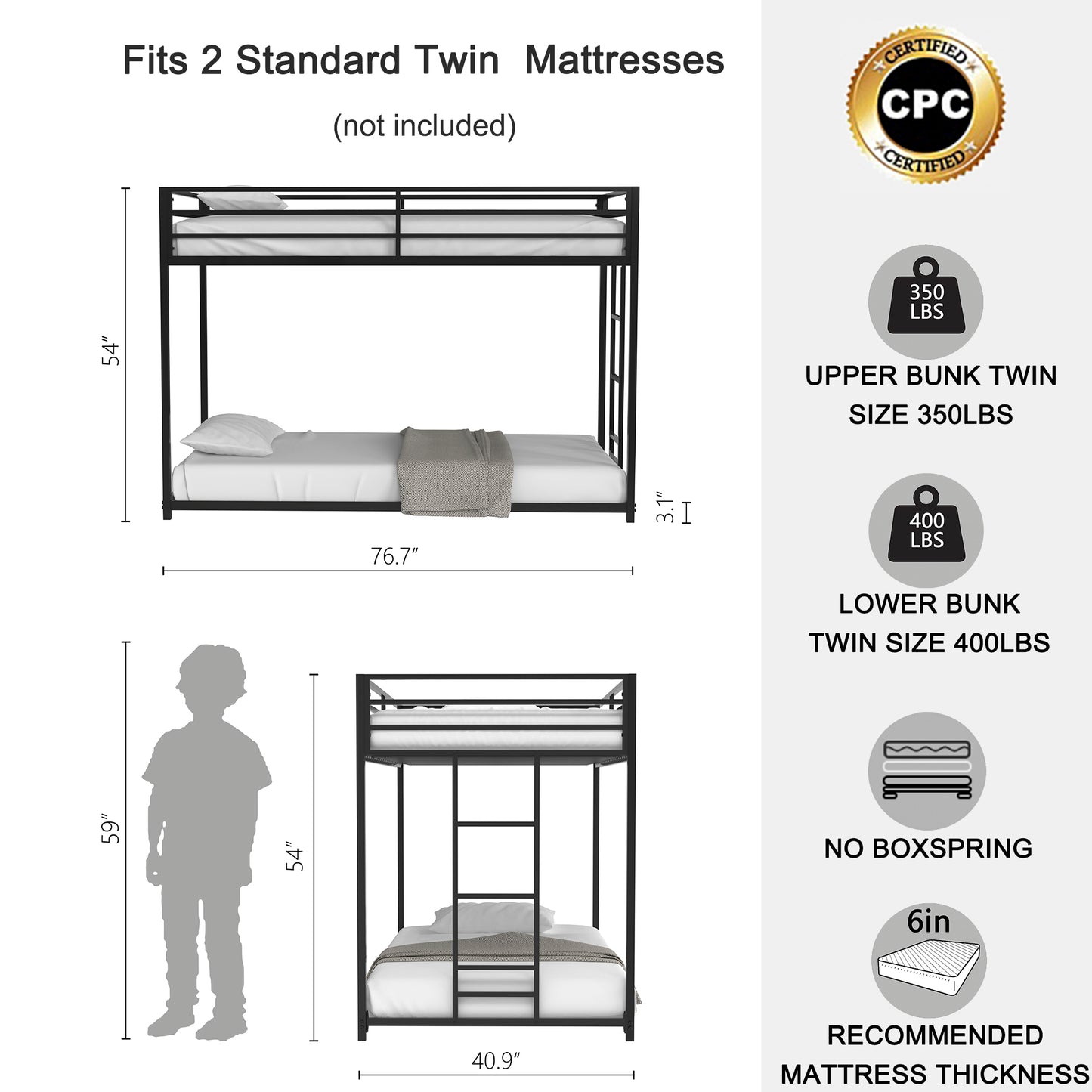 Adam Sturdy Twin over Twin Bunk Bed Metal Black for Kids and Adult, Low Profile Twin over twin bunk bed with Ladder and Guardrails, Easy Climbing, Beds for Bedroom, Same as original B083124170