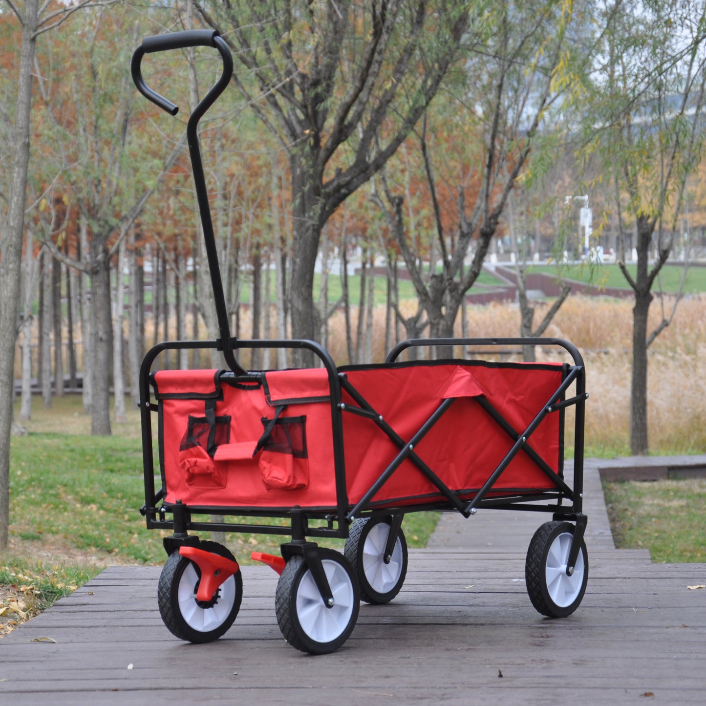 Folding Wagon Garden Shopping Beach Cart (Red)