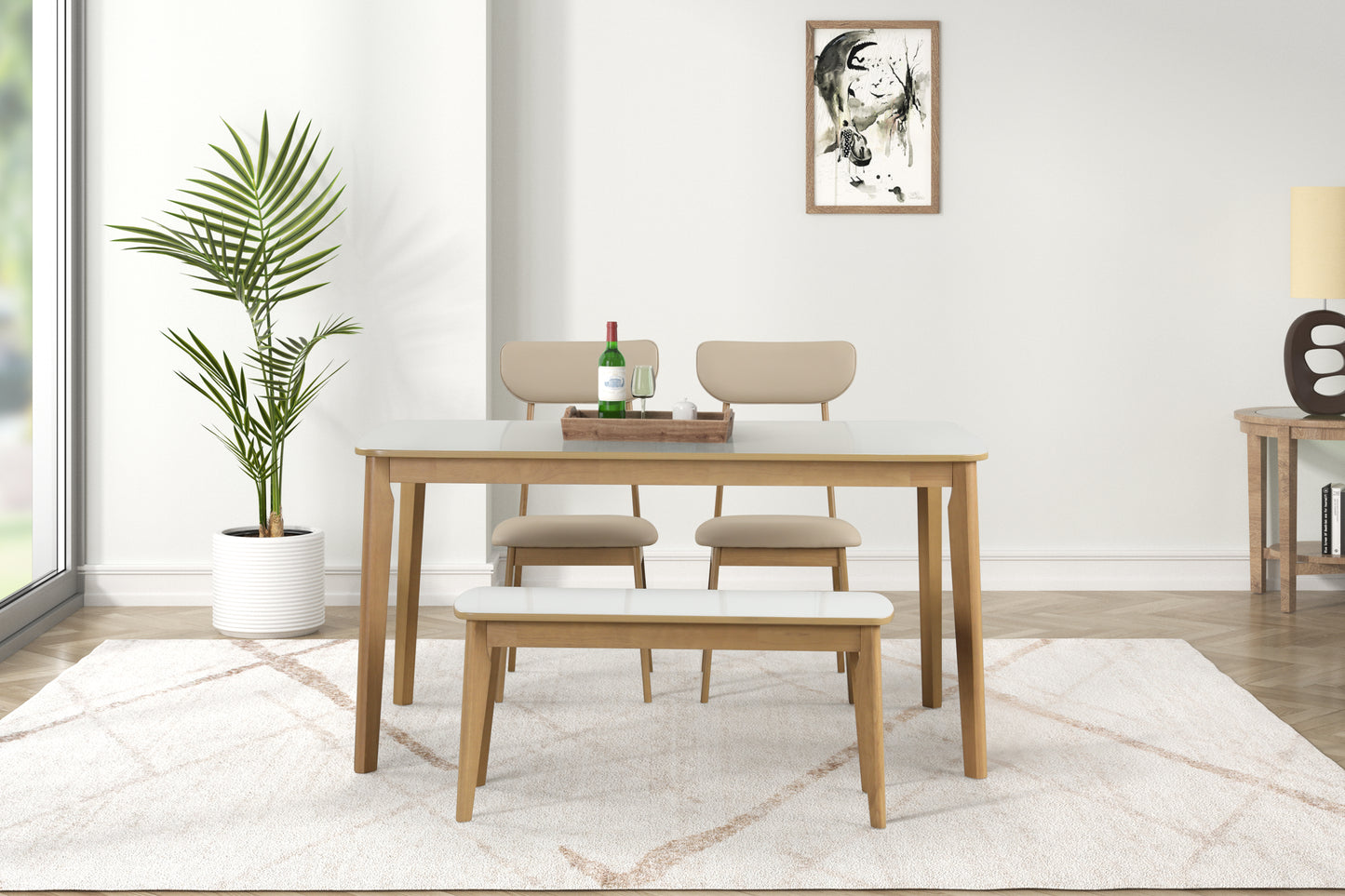 6-piece Dining Table Set, One Table One Bench and Four Chairs, High Gloss White Tabletop With Light Oak Color