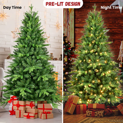 5FT PE And PVC Christmas Tree with Lights, Unique Christmas Tree Prelit with 850 Branch Tips, 250 Warm White LEDs and Metal Stand, Aritificial Christmas Tree