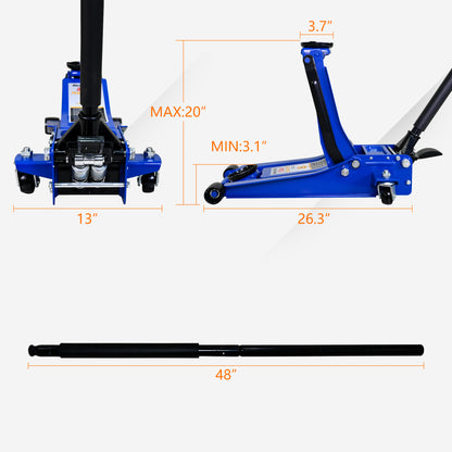 3T Heavy Duty Horizontal Double Pump Floor Jack Foot Model,and Steel Racing Floor Jack with Dual Piston Quick Lift Pump,3 Ton (6,000 lb) Capacity,Blue